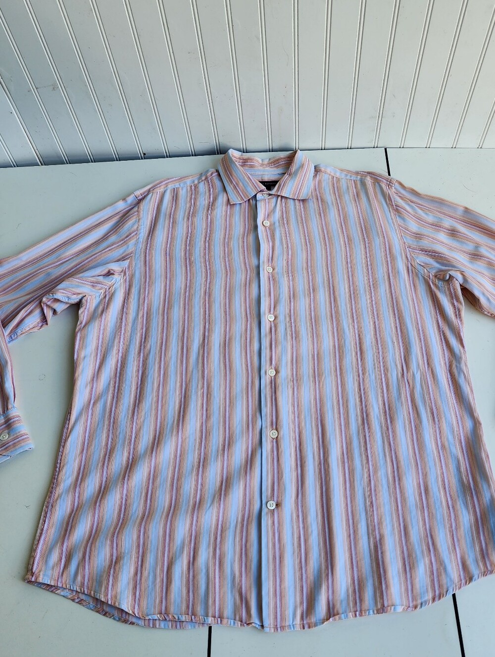 Banana Republic Button Up Shirt Pastel Blue Peach Orange Stripe Long Sleeve Sz L